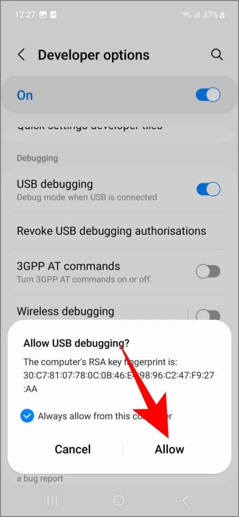 Permitir depuração USB no telefone Samsung Galaxy