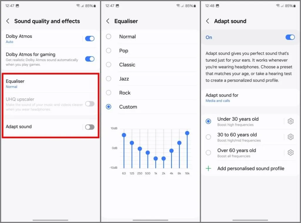 Equalizador de áudio e configurações de som Adapt no Samsung Galaxy S24 executando OneUI 6.1