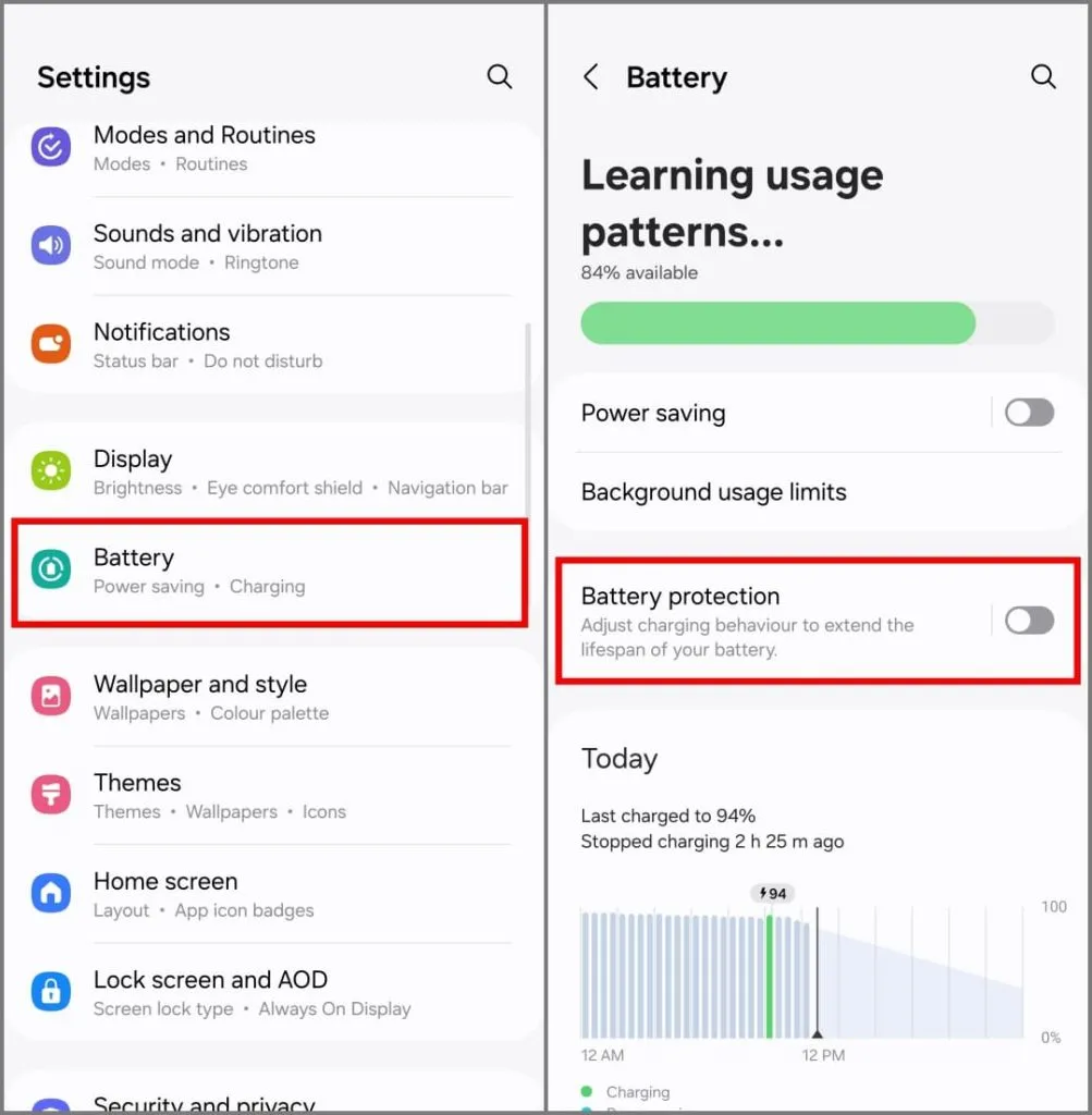 Recurso de proteção de bateria no Samsung Galaxy S24 executando OneUI 6.1