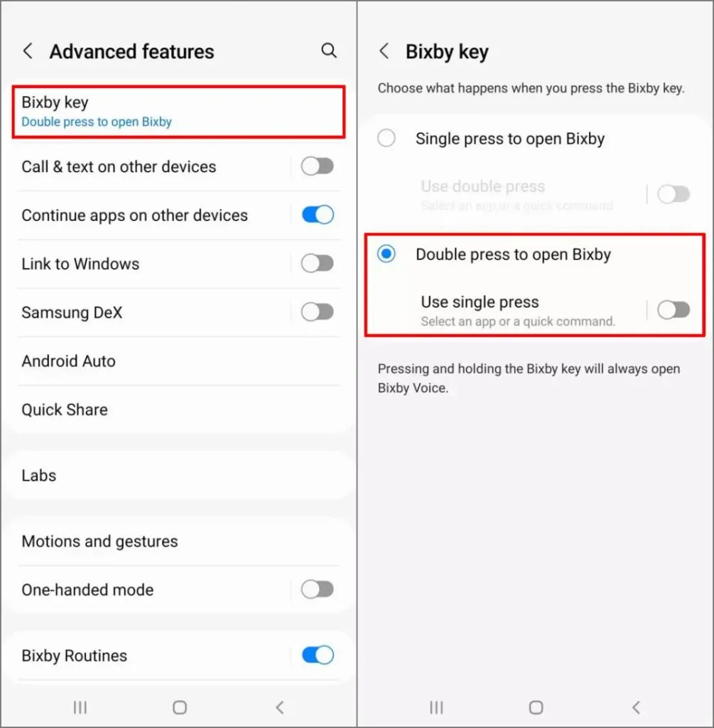 Configurações da chave Bixby em telefones Samsung antigos