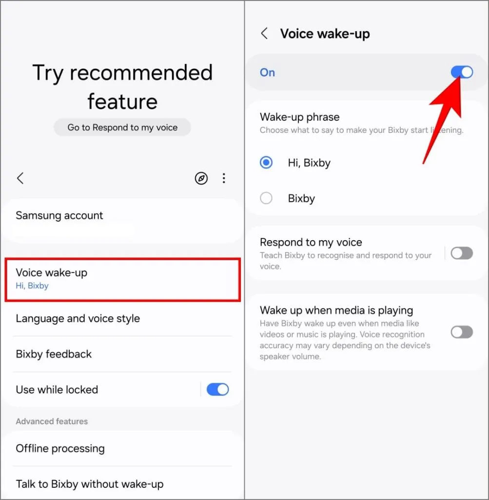 „Bixby Voice Wake-up“ nustatymai „Samsung Galaxy“ telefone, kuriame veikia „One UI 6.1“.