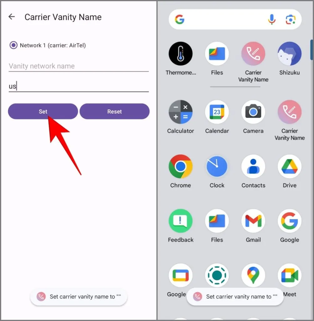 Application Carrier Vanity sur Pixel 8 Pro