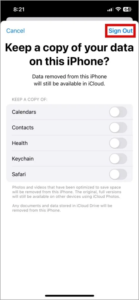 Conferma l'uscita da iCloud su iPhone