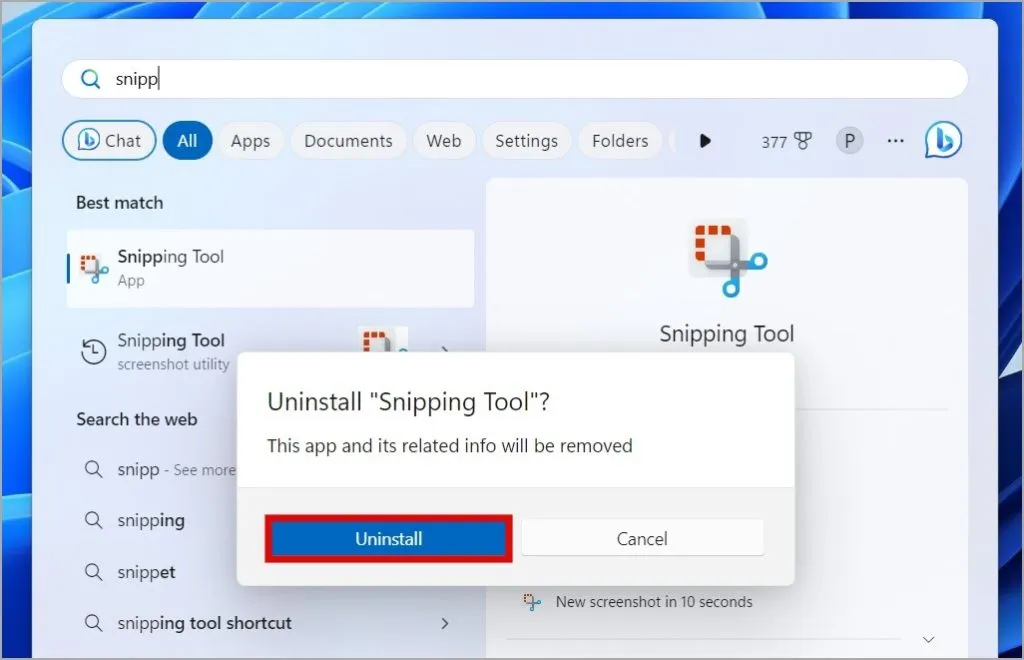 Potwierdź odinstalowanie narzędzia Snipping Tool z systemu Windows 11