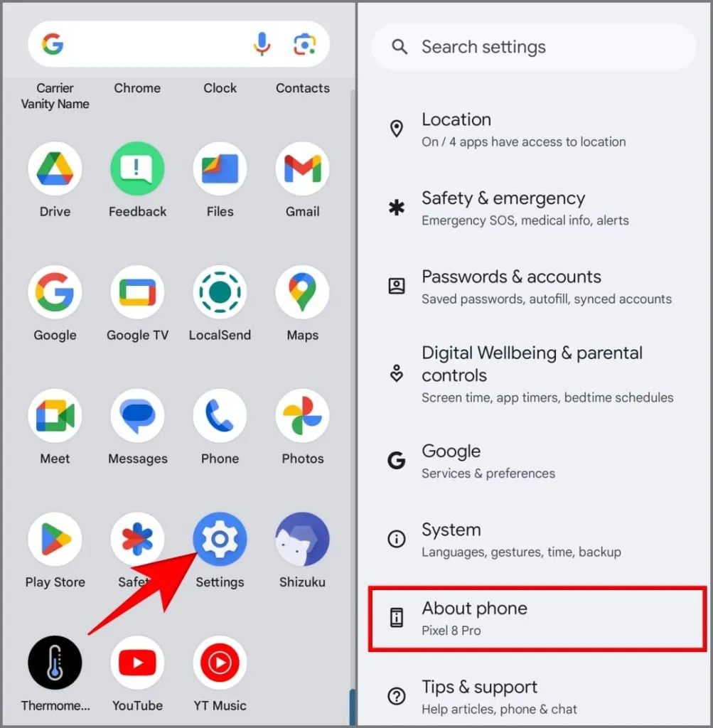 Sobre as configurações do telefone no Pixel 8 Pro com Android 15