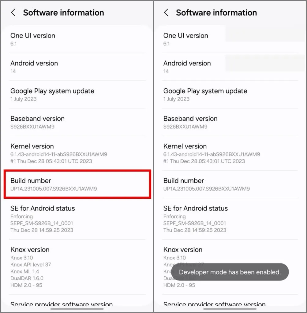 Tocar no número da versão para ativar as opções do desenvolvedor no telefone Samsung Galaxy