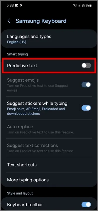 Desative a correção automática em telefones Samsung Galaxy