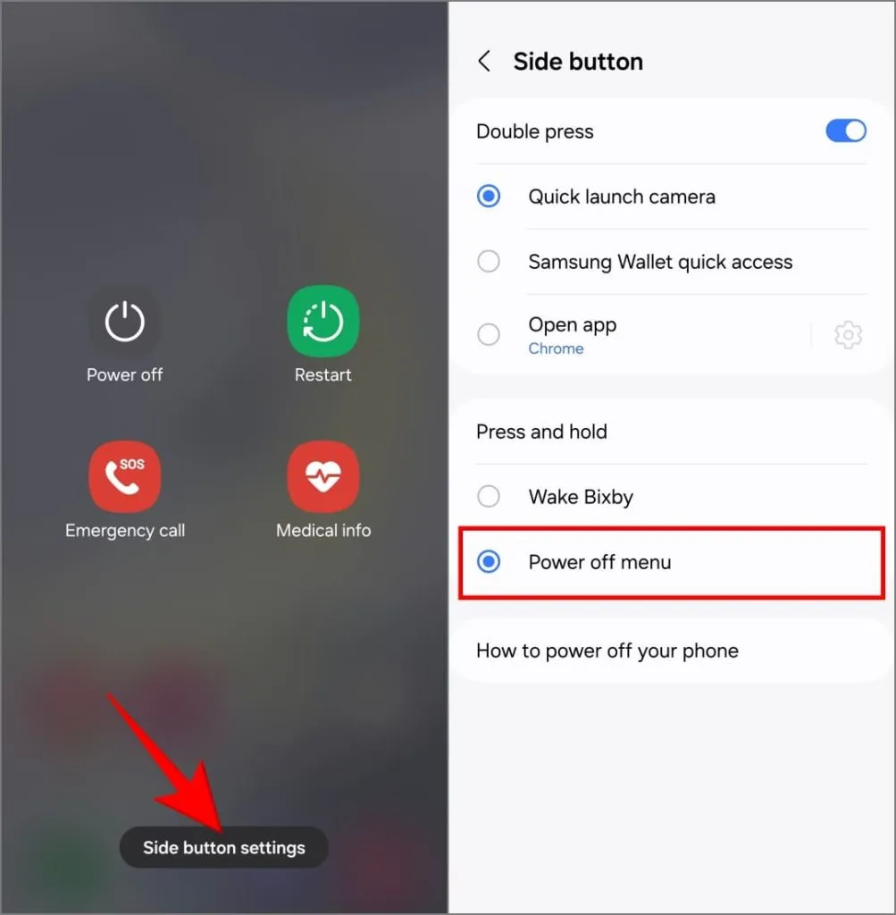 Einstellungen der Seitentasten im Power-Menü eines Samsung Galaxy-Telefons mit One UI 6.1