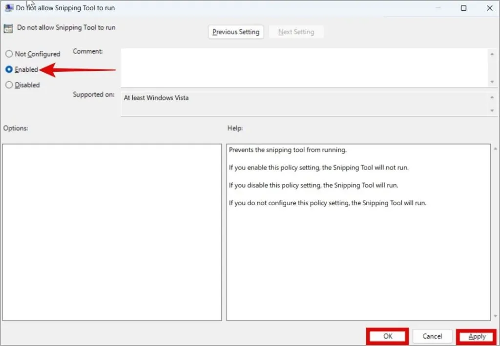 Poista Snipping Tool käytöstä Windows 11:ssä ryhmäkäytäntöeditorin avulla