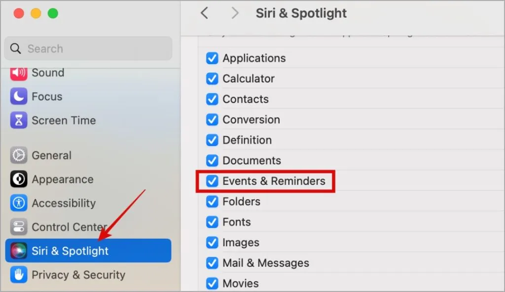 Deshabilitar la búsqueda de Spotlight para eventos y recordatorios