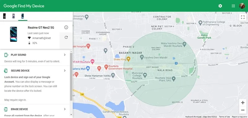 Google Find My Device informācijas panelis