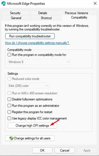 noklikšķiniet uz opcijas Mainīt augstus DPI iestatījumus