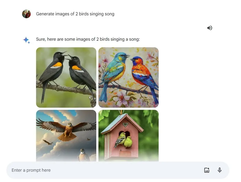 Genera imágenes de 2 pájaros cantando.