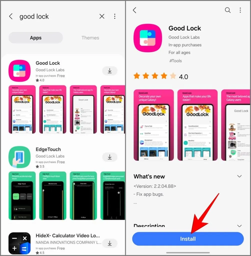 „Good Lock“ programos įdiegimas iš „Samsung“ parduotuvės „Galaxy S24“.