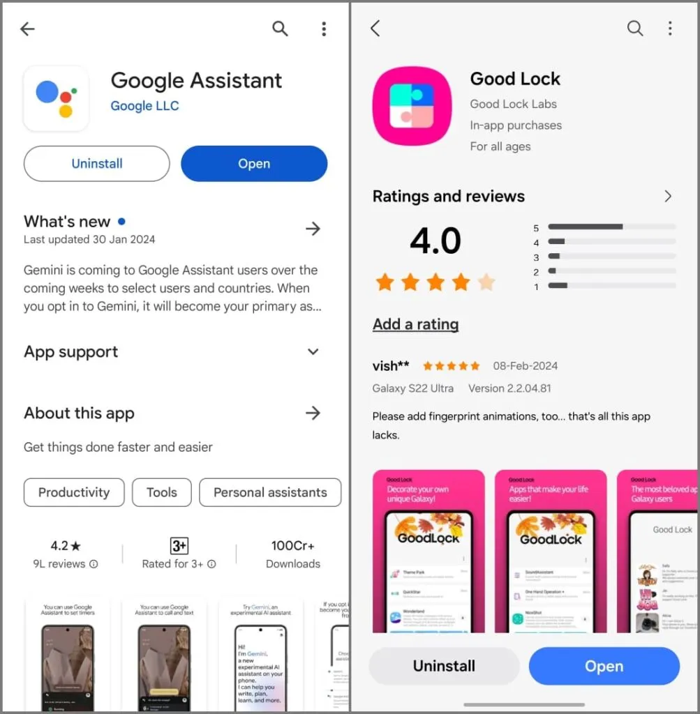 Aplicaciones Google Assistant y Good Lock en el teléfono Samsung Galaxy