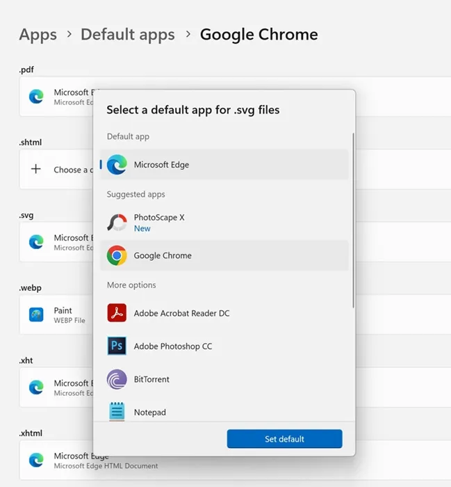 Google Chromeを他のファイルタイプのデフォルトアプリとして設定する