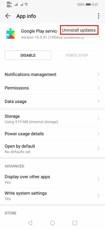 Desinstalar atualizações do Google Play Services