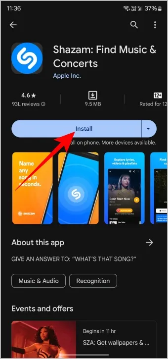 Instalace aplikace Shazam na Android