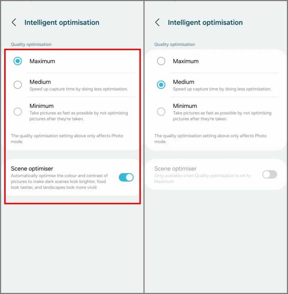 Configuración de optimización inteligente en la cámara Samsung Galaxy S24 Ultra