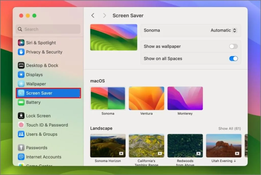 Impostazioni del salvaschermo su macOS 14 Sonoma