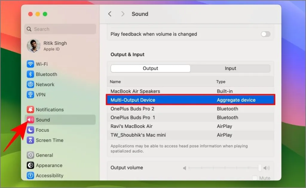 Dispositivo de salida múltiple en configuración de sonido en Mac