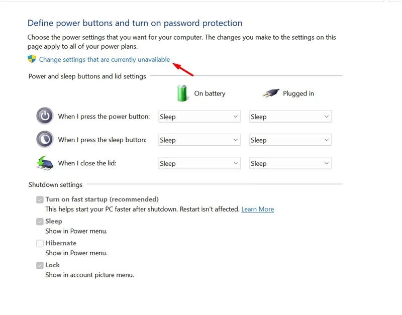 Alterar configurações que não estão disponíveis no momento