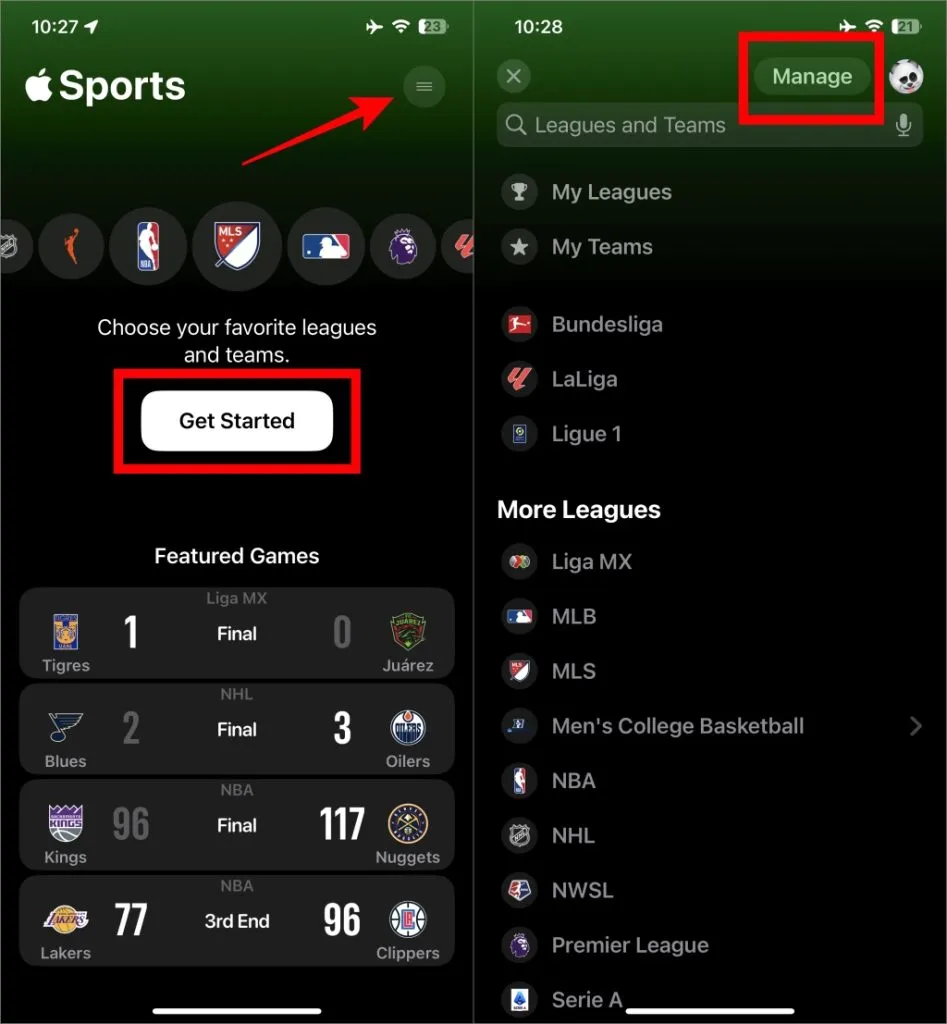 Zarządzaj drużynami i ligami w Apple Sports