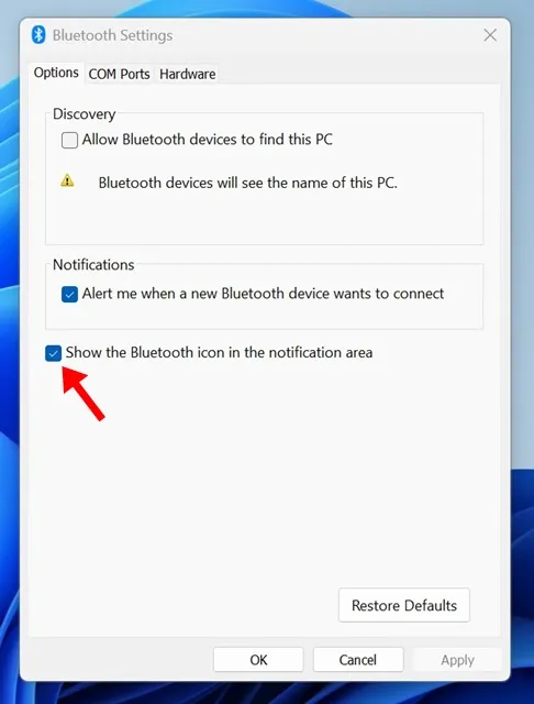 Mostrar el ícono de Bluetooth en el área de notificaciones