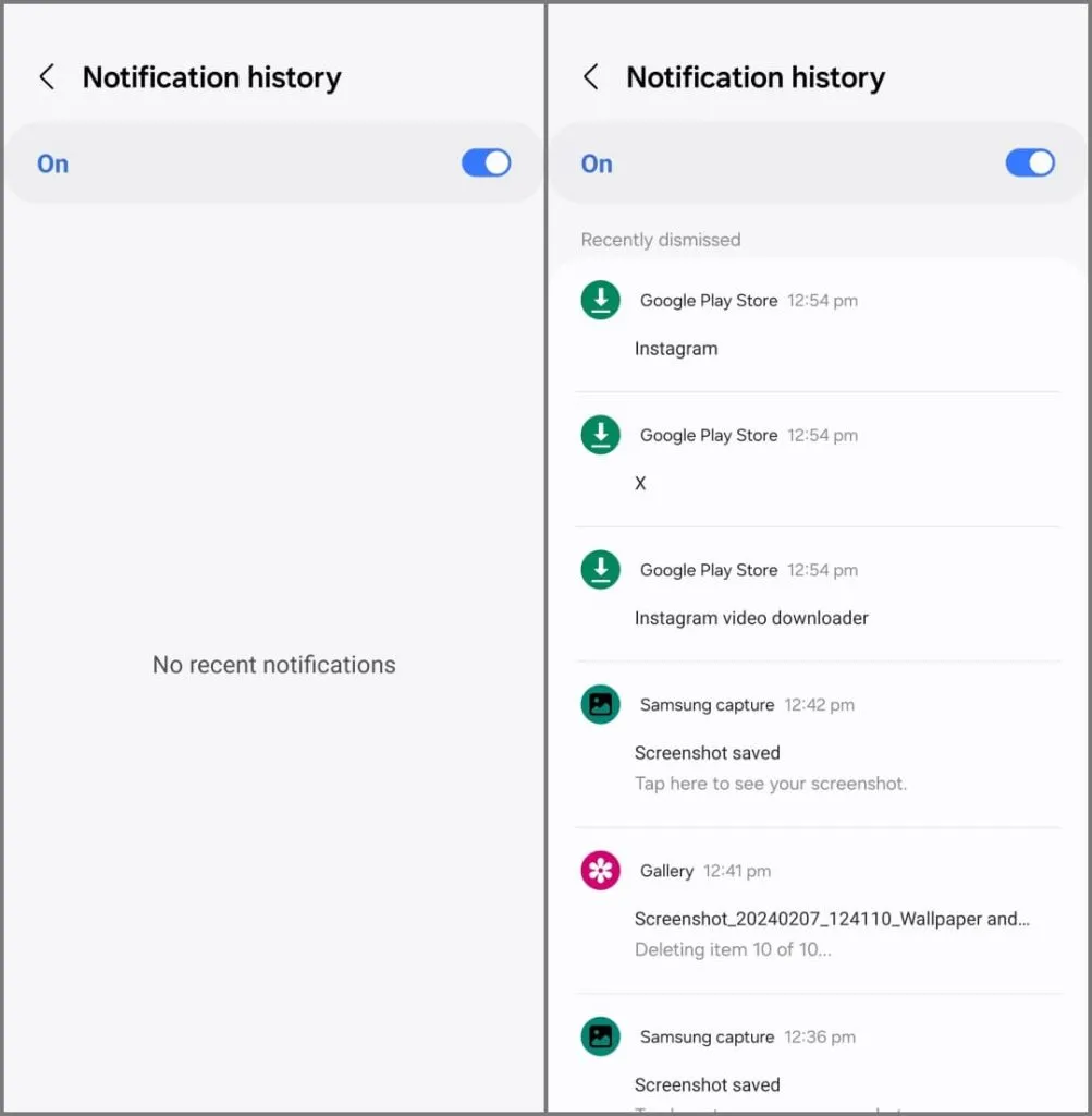 Configurações do histórico de notificações no Samsung Galaxy S24 executando OneUI 6.1