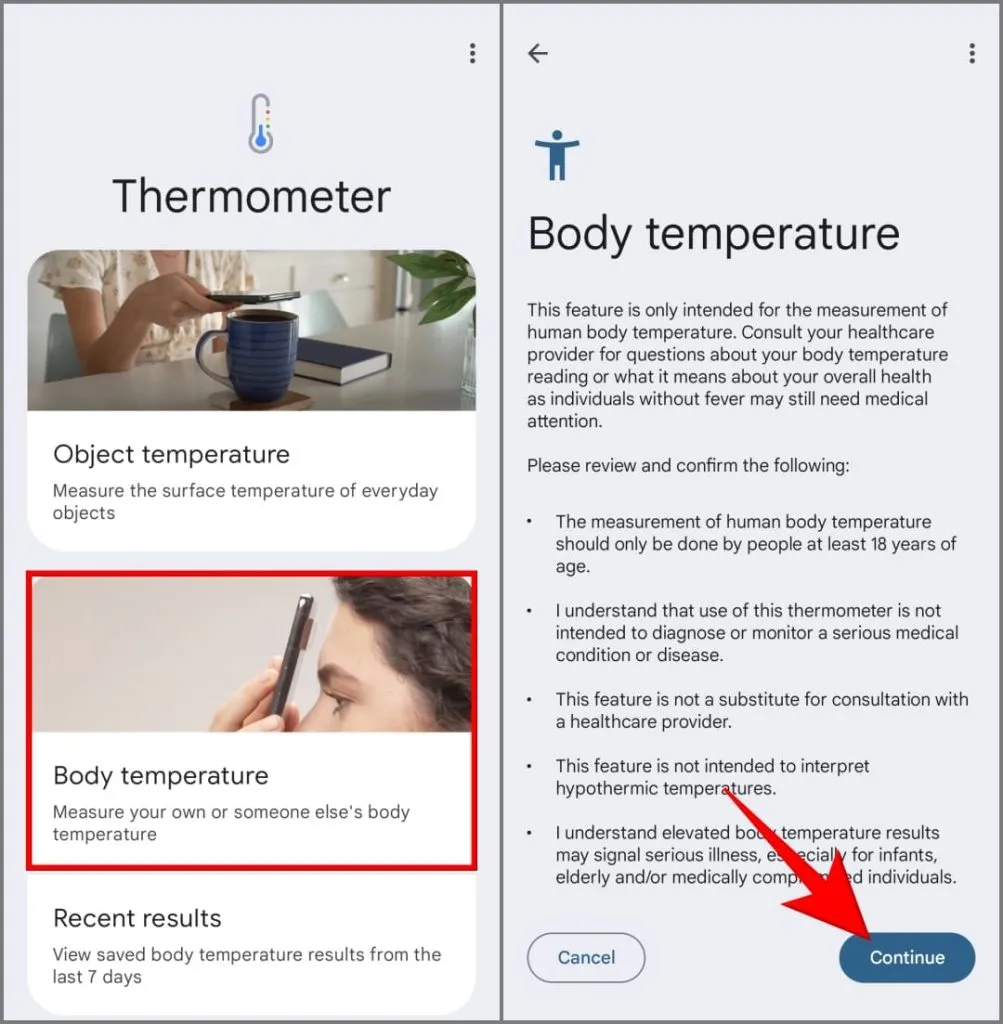 Body Temperature -ominaisuus Pixel 8 Pro Thermometer -sovelluksessa Yhdysvaltojen ulkopuolella