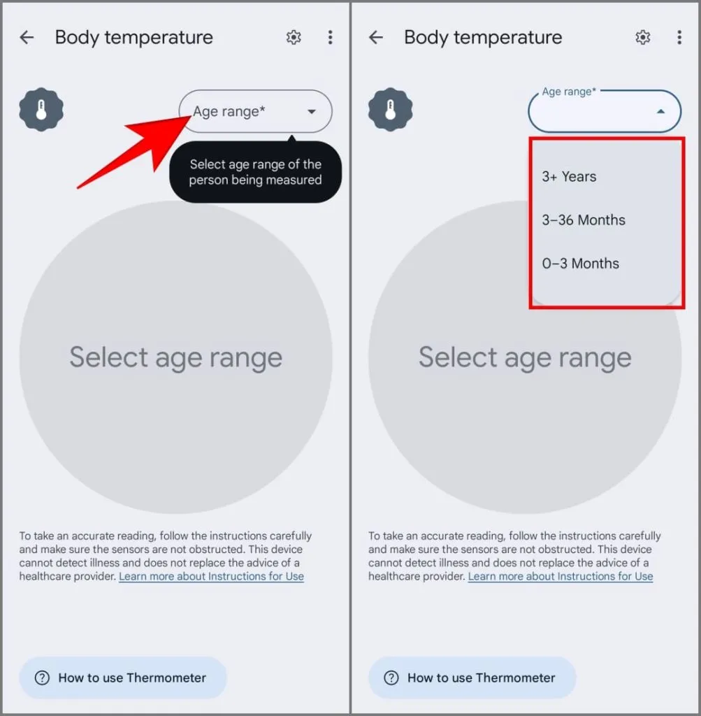 Body Temperature -ominaisuus Pixel 8 Pro Thermometer -sovelluksessa Yhdysvaltojen ulkopuolella