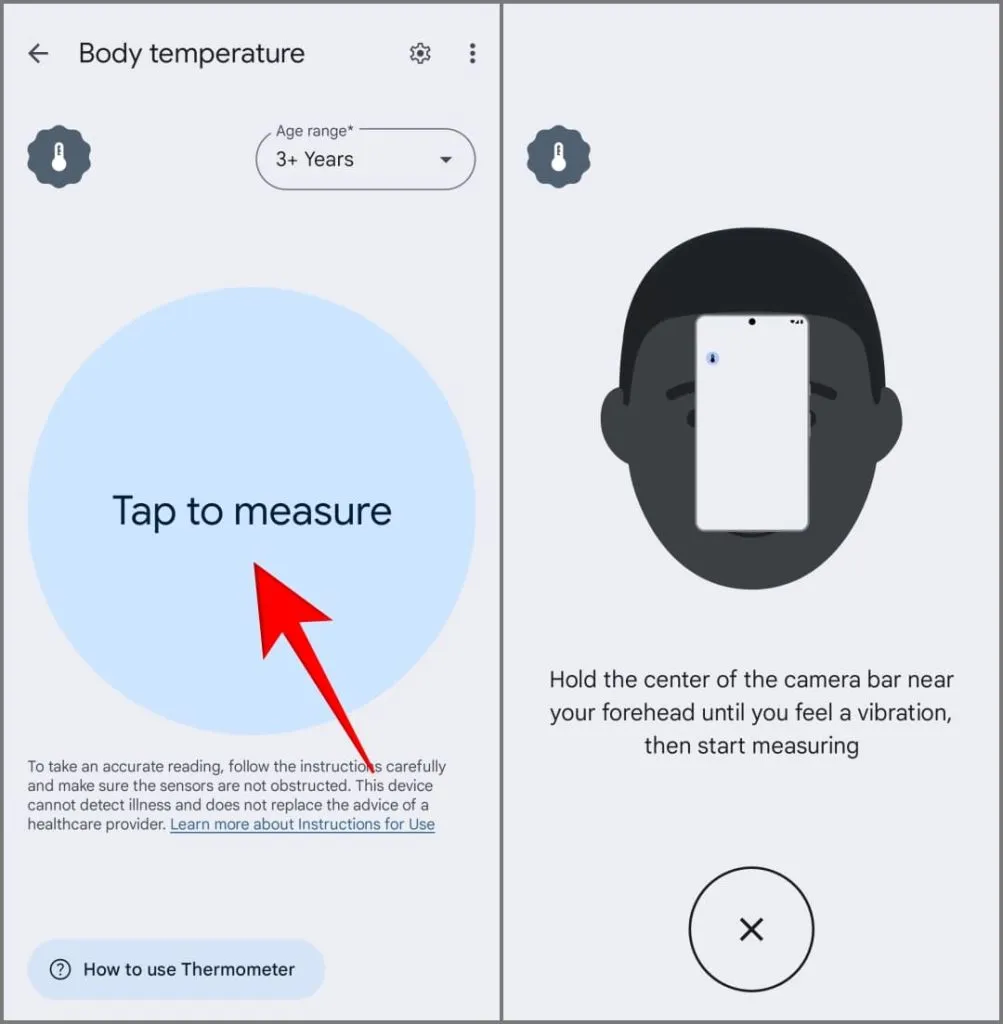 Body Temperature -ominaisuus Pixel 8 Pro Thermometer -sovelluksessa Yhdysvaltojen ulkopuolella