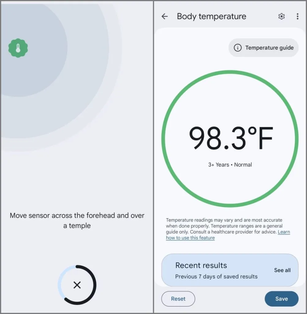 Body Temperature -ominaisuus Pixel 8 Pro Thermometer -sovelluksessa Yhdysvaltojen ulkopuolella