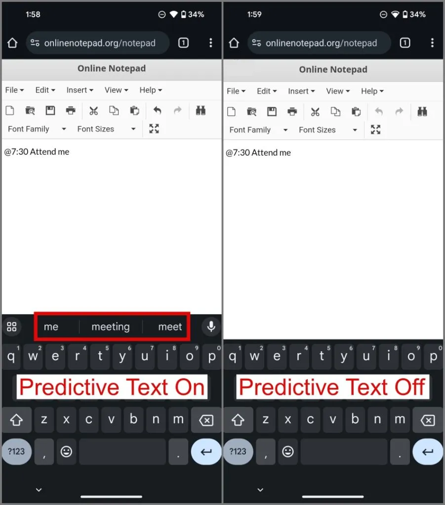 Texte prédictif activé et désactivé sur Gboard