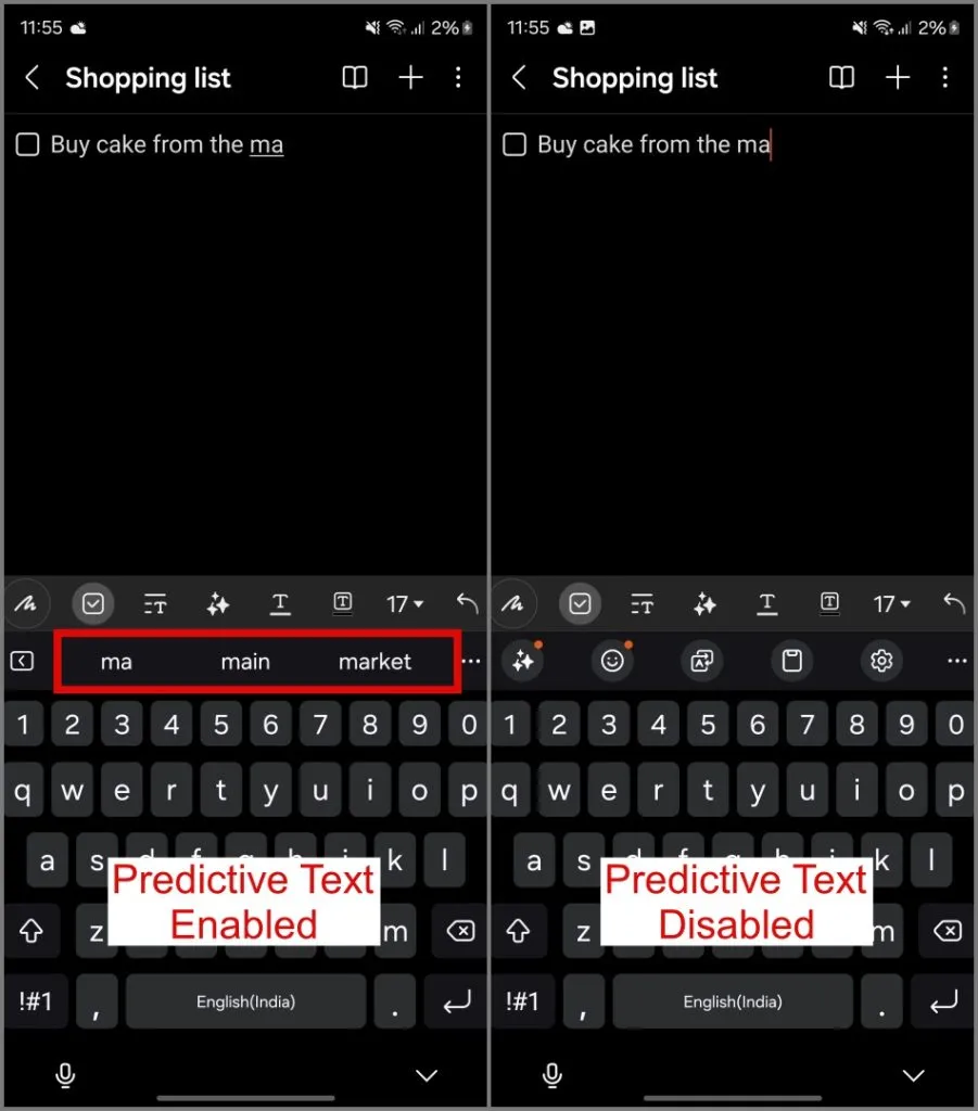 Testo predittivo attivato e disattivato su Samsung Galaxy