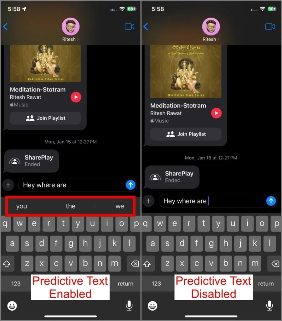 Texte prédictif sur iPhone activé et désactivé