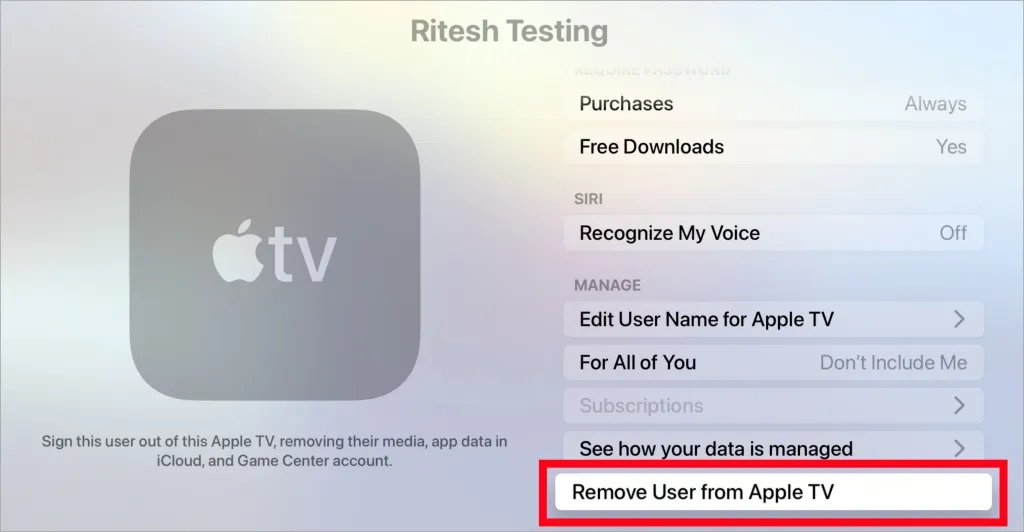 Benutzer von Apple TV entfernen