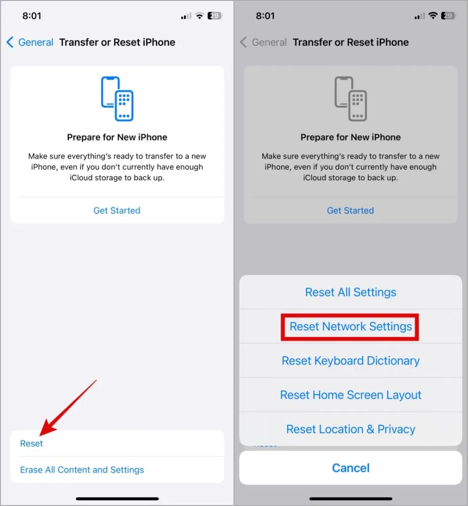 Restablecer la configuración de red en iPhone