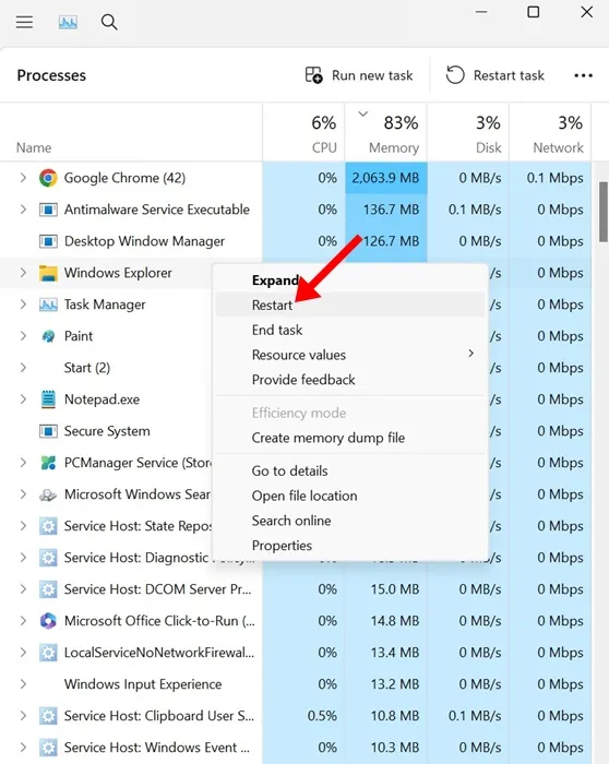 Windows エクスプローラーのプロセスを再起動します。