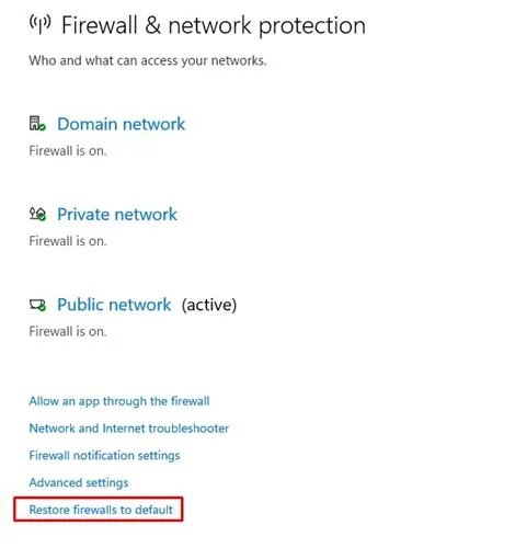 Restaurar los firewalls a sus valores predeterminados