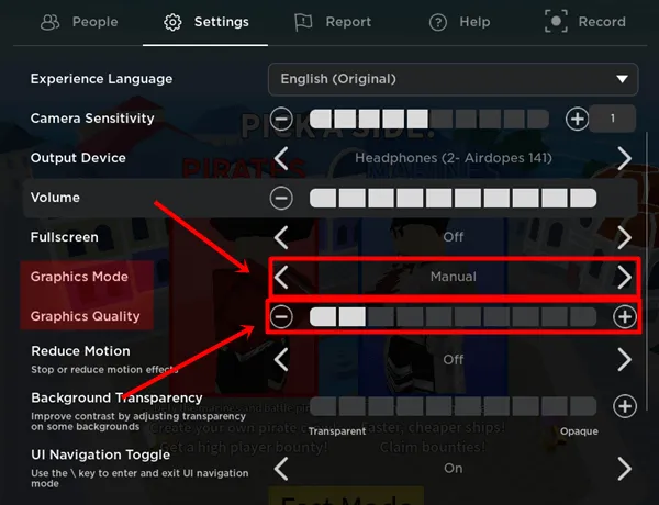 Графический режим и качество Roblox