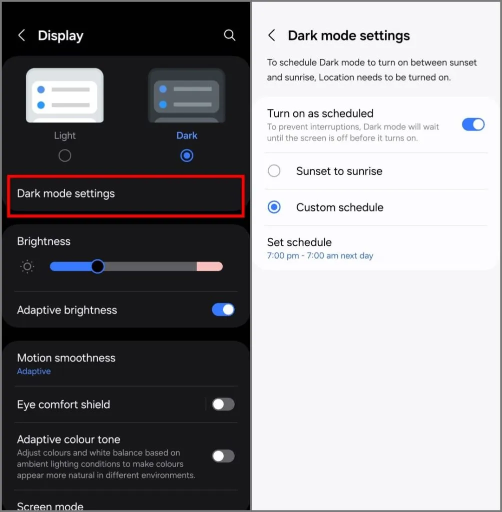 Configurações do modo escuro no Samsung Galaxy S24 executando OneUI 6.1