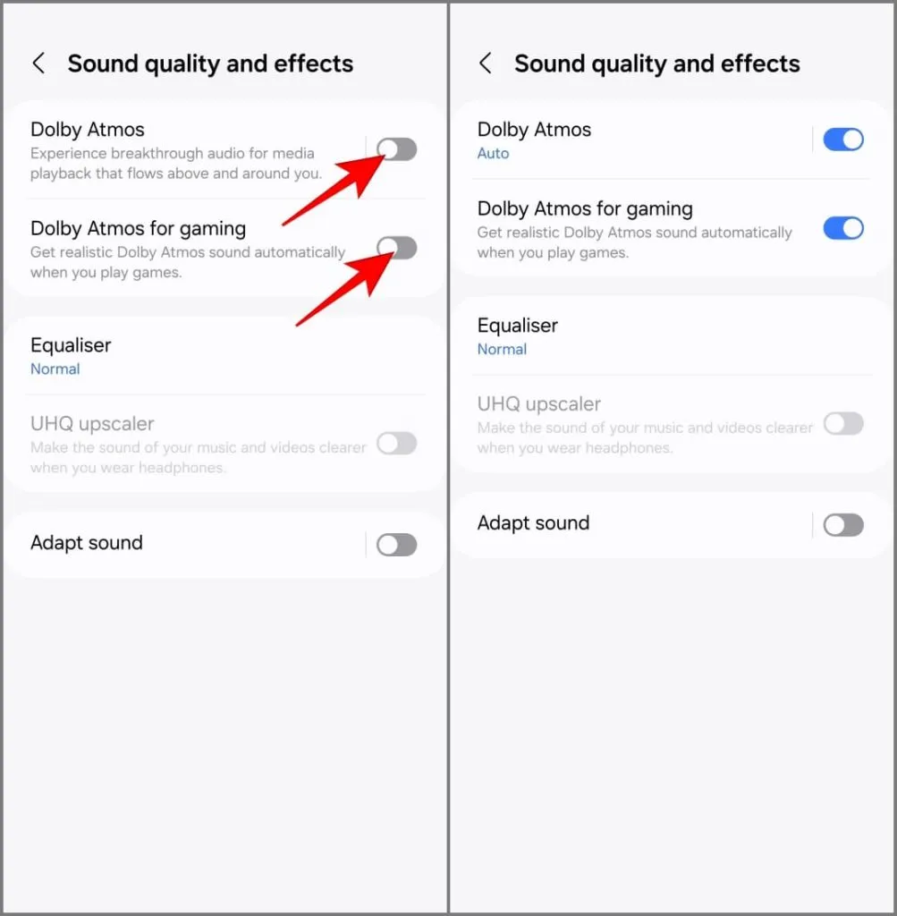 OneUI 6.1을 실행하는 Samsung Galaxy S24의 Dolby Atmos 설정