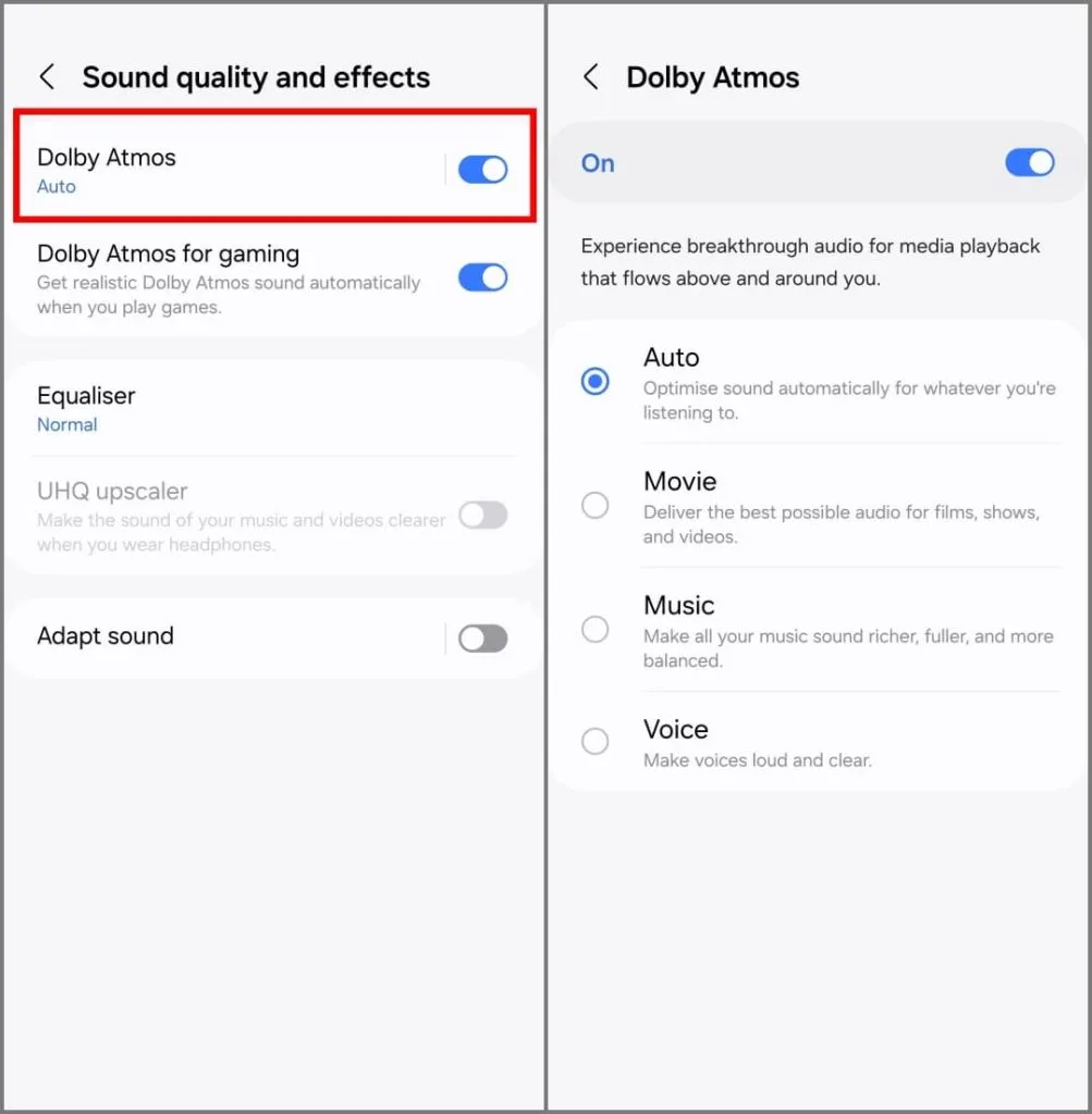 Configurações Dolby Atmos no Samsung Galaxy S24 executando OneUI 6.1