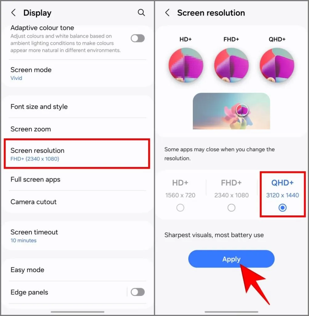 Schermresolutie-instellingen op de Samsung Galaxy S24 met One UI 6.1