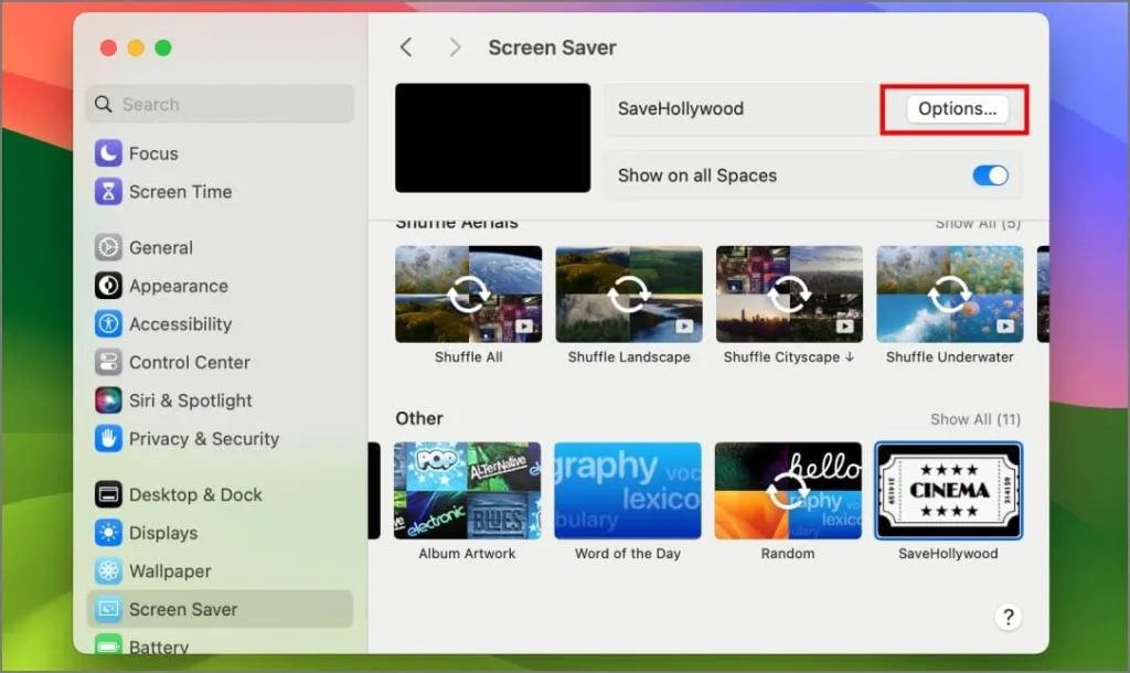 Application SaveHollywood dans les paramètres de l’économiseur d’écran sur Mac