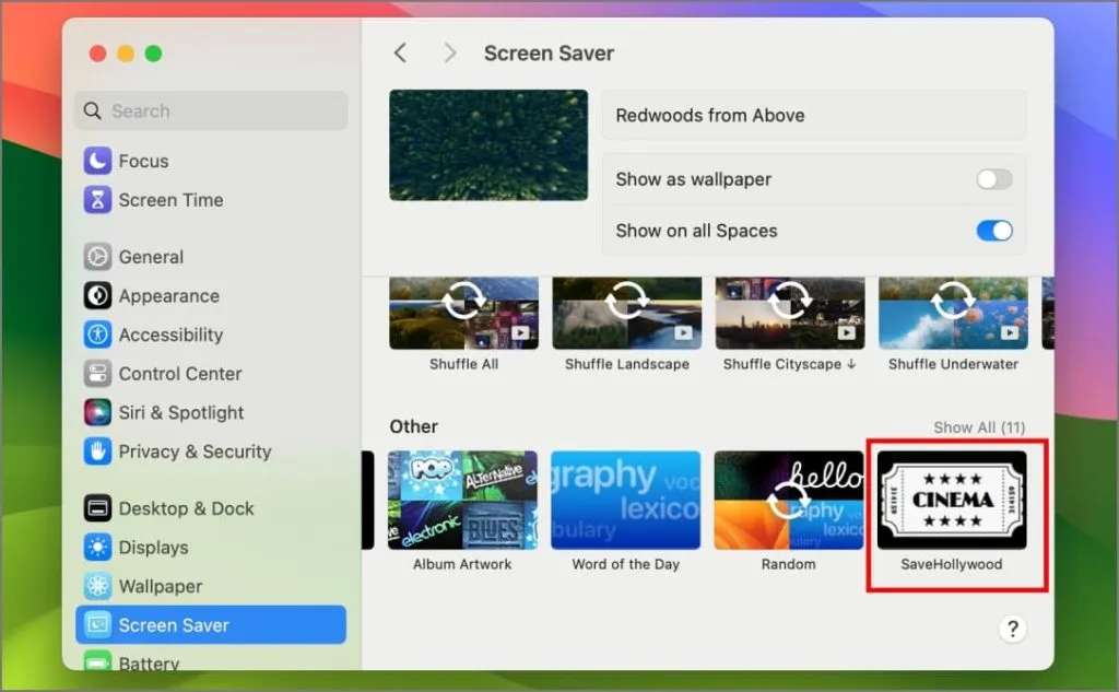 Application SaveHollywood dans les paramètres de l’économiseur d’écran sur Mac