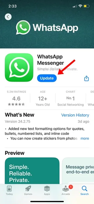 aggiornare l'app WhatsApp