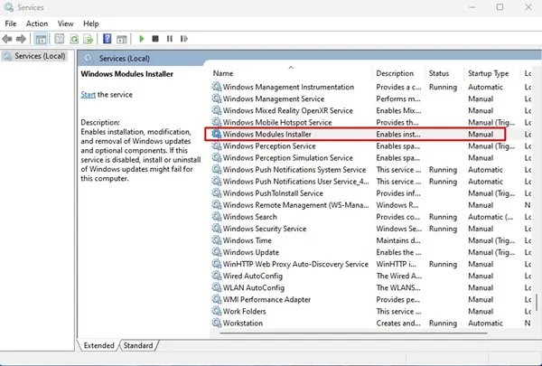 Programma di installazione dei moduli Windows