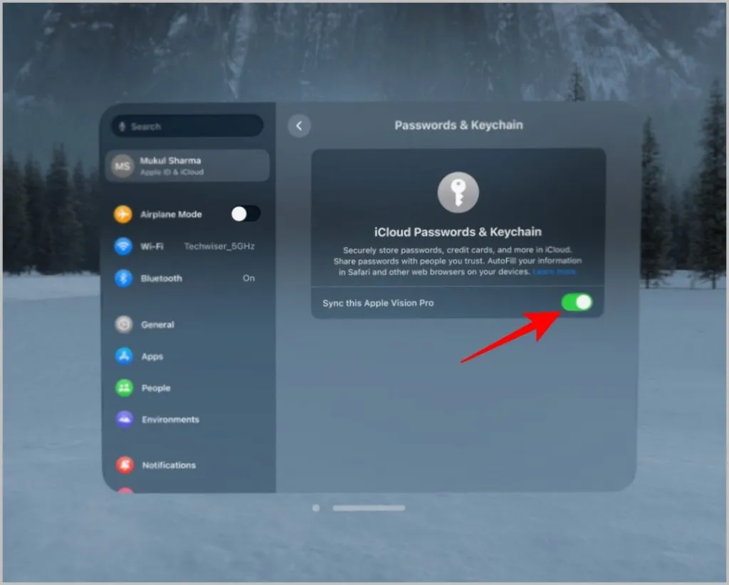 Синхронизируйте Apple Vision Pro для паролей и связки ключей.